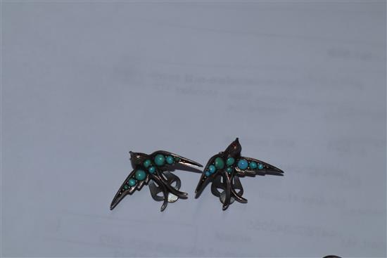 Five assorted pairs of earrings including pietra dura, enamel and gem set bug earrings, a swallow brooch and spider brooch.